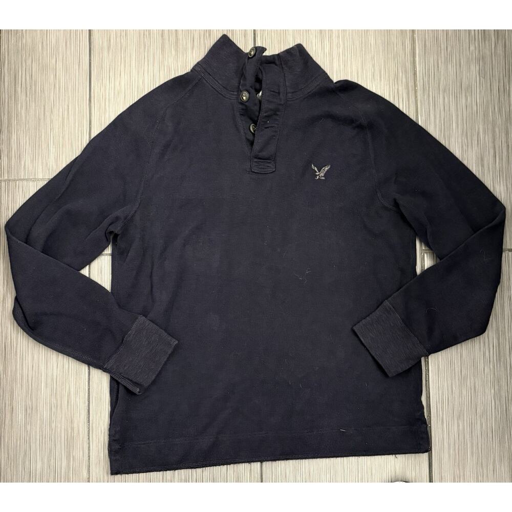 American Eagle Men's Navy Blue Cotton Henley Pullover Sweater Shawl Collar XL